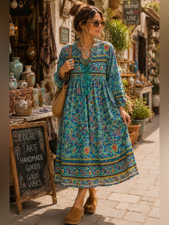 R. Vivimos Dresses & Skirts - R Vivimos Boho Floral Midi Dress Womens M Teal Tassel Tie V Neck NWT Peasant A4